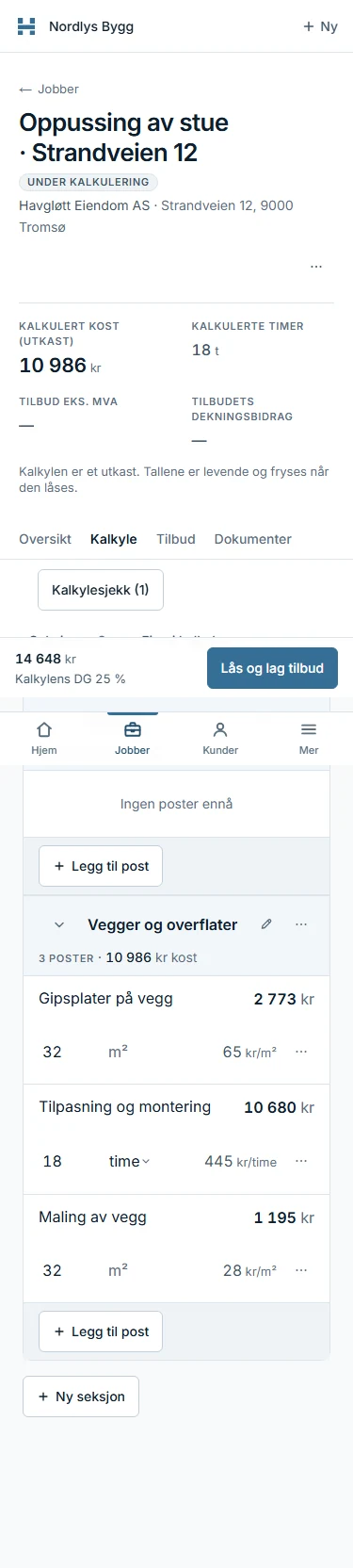Kalkylelinjer: gipsplater på vegg 32 m², 65 kr per m², 2 773 kr