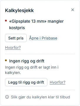Før prisrettingen: manglende gipspris og beskjed om rigg og drift. Dette er ikke en ferdig kontrollert kalkyle.