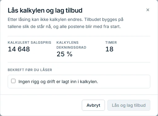 Lås kalkylen og lag tilbud: kalkulert salgspris 14 648 kr, dekningsgrad 25 prosent